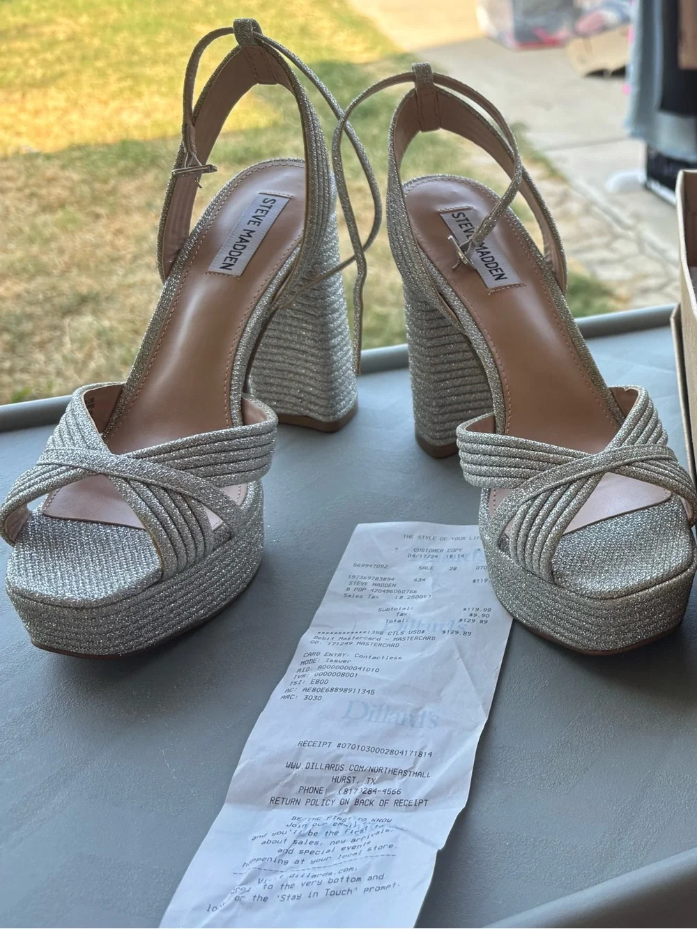 Steve Madden Silver Glitter Platform Block Heel Sandals with Ankle Tie